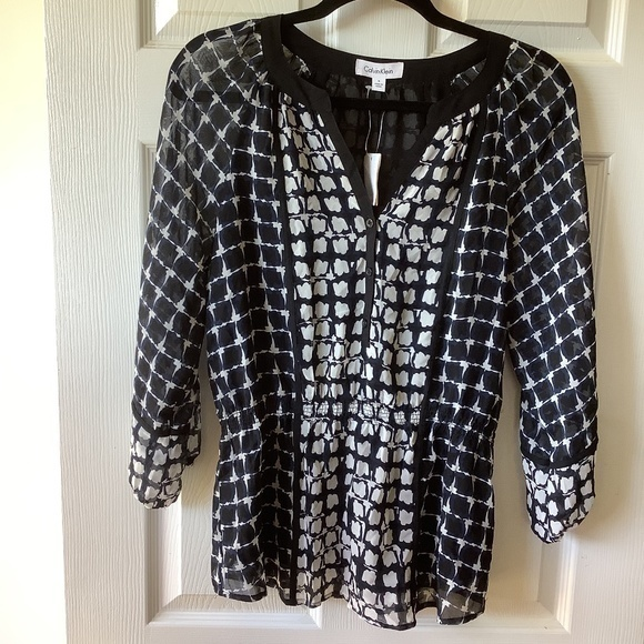 Calvin Klein Tops - Calvin Klein Black Blue‎ and White Blouse Size Small